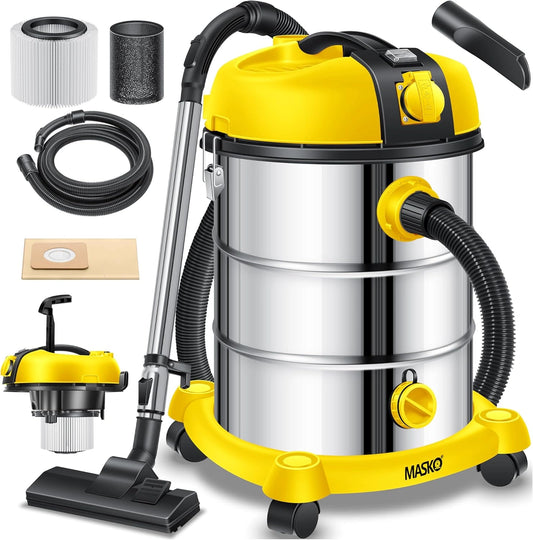 MASKO® Industriële stofzuiger, nat en droog, roestvrij staal, 2300 W + stopcontact, blaasfunctie, droogzuigen en natzuigen, push&clean