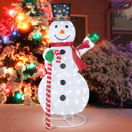 GOPLUS Led-sneeuwpop 150 cm, verlichte kerstsneeuwpop met 180 ledlampen, herenmuts, rode sjaal en kerststok, kerstdecoratie sneeuwpop voor feest