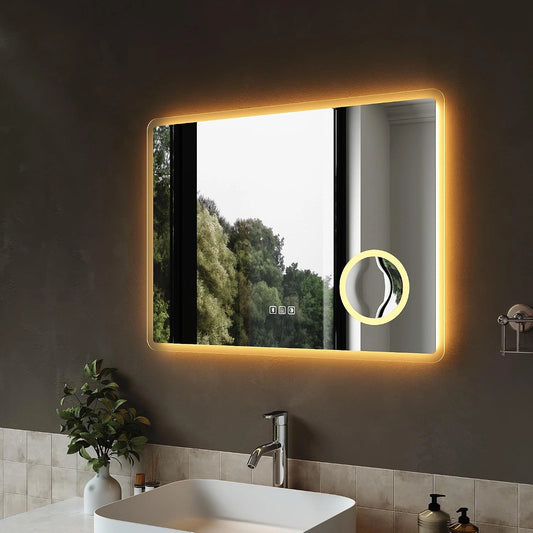 SIRHONA Badkamerspiegel met 3X Vergrootglas 100x60cm, Bluetooth, Dimbaar, 3 Lichtkleuren, Anti-condens, Geheugenfunctie, IP44, Sokkel