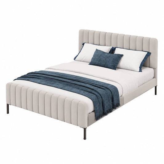 Elegantes Polsterbett 140x200 cm mit verstellbarem Kopfteil, Stabiler Holzlattenrost, Stoffbezug Beige & Grau