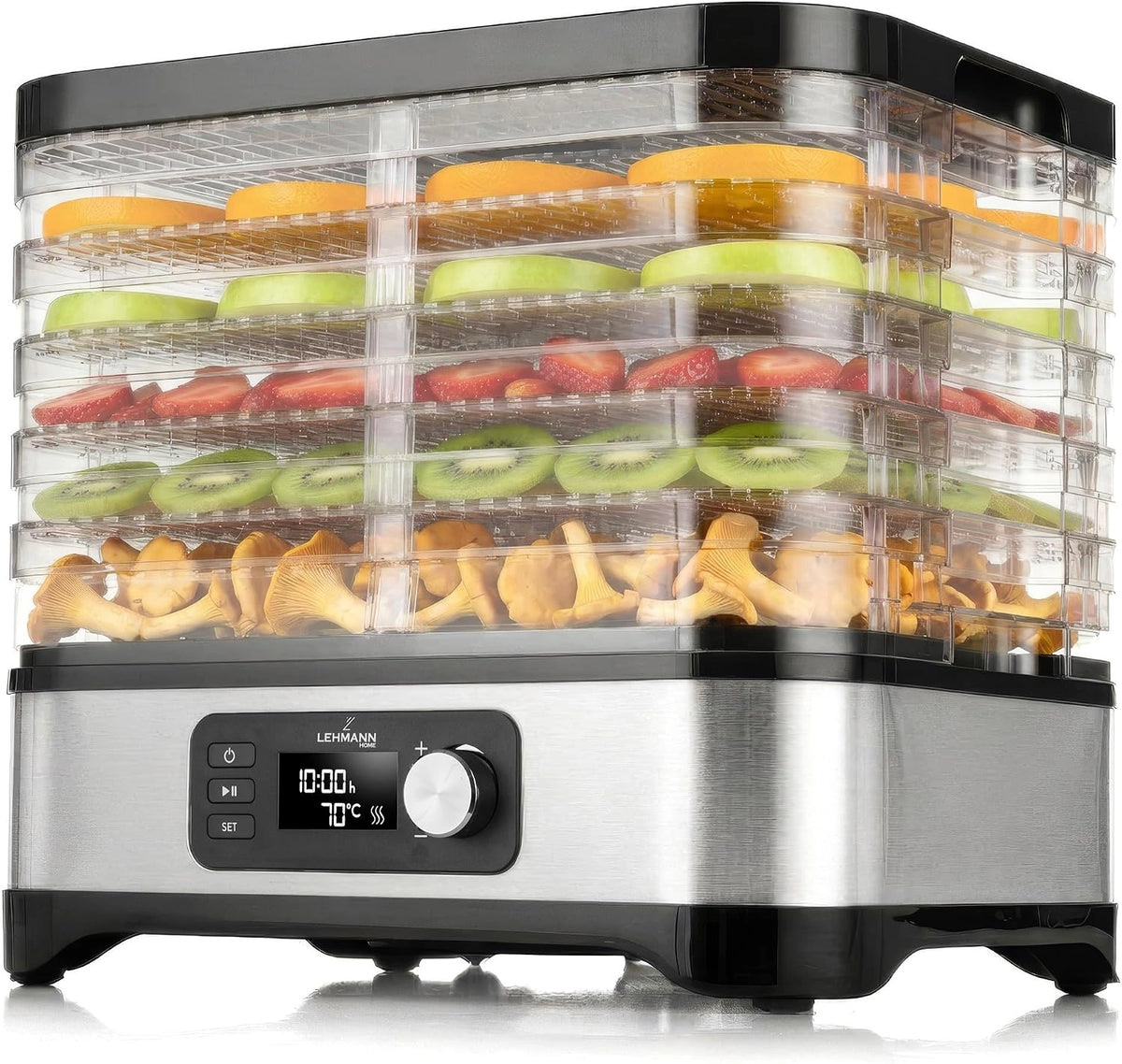 Lehmann LHOFD-4525 Roestvrijstalen droger 450 W, 5 niveaus voedseldroger met temperatuurregeling 35-70 °C, droger voor fruit, champignons, vlees