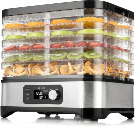 Lehmann LHOFD-4525 Roestvrijstalen droger 450 W, 5 niveaus voedseldroger met temperatuurregeling 35-70 °C, droger voor fruit, champignons, vlees