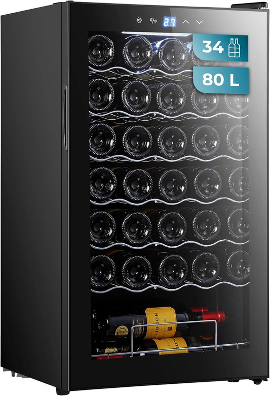 Cecotec Bolero Grandsommelier 34030 zwart Compressor, 34 flessen, 80 l, compressorkoeling, temperatuur instelbaar van 5 tot 18 °C, touch-bediening