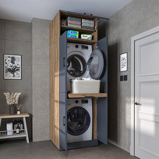 ROOMART Dora Wasmachine- en wasmachinekast, in 4 kleuren, met deuren en schuifplank (eiken antraciet, hoogte 230 cm)
