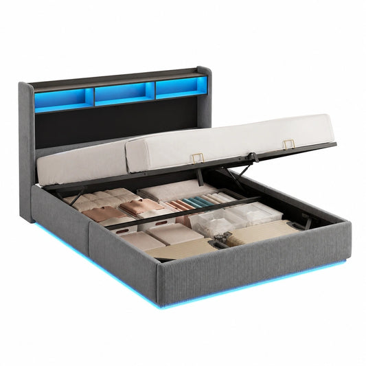 Polsterbett mit hydraulischem Stauraum, LED-Beleuchtung und USB-Anschluss, 140x200 cm, Dunkelgrau Cord