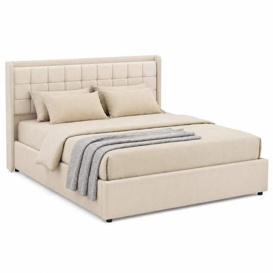 IDIMEX Samt-Polsterbett Yaro 160x200 cm mit Stauraum, Cremeweiß – Doppelbett mit Lattenrost und hydraulischem Bettkasten