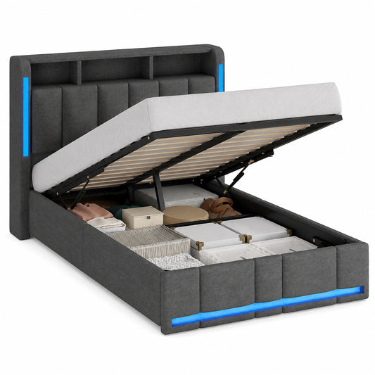 AOGLLATI Polsterbett 90x200 mit LED-Beleuchtung und Steckdosen, Doppelbett mit Stauraumkopfteil und Lattenrost, Jugendbett aus Leinen, ohne Matratze, Dunkelgrau
