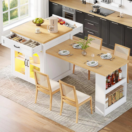 YEHTOKHOME Centraal Keukeneiland Uitbreidbaar 126–196 cm, Bartafel met Opbergruimte, 2 Lades en 2 Glazen Deuren, LED-verlichting, Verstelbare Planken