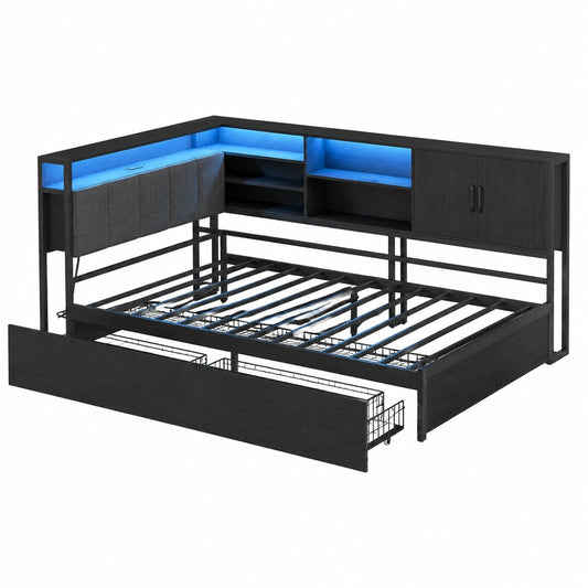 Multifunktionales Polsterbett 90x200 cm mit LED, USB-Ladestation und Stauraum, schwarz