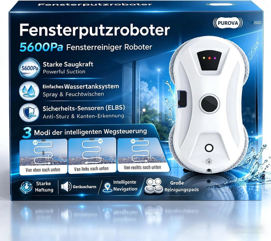 Vensterreinigingsrobot met sproeifunctie, 5600 Pa vensterrobot met intelligente navigatie, 3 reinigingsmodi, veiligheidskabel en UPS, voor ramen