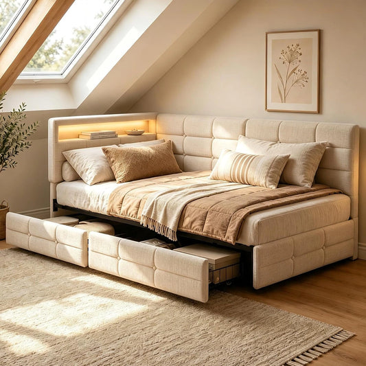 Eenpersoonsbed 90x200, L-vorm, 2 laden, LED en USB-C, zonder matras, beige