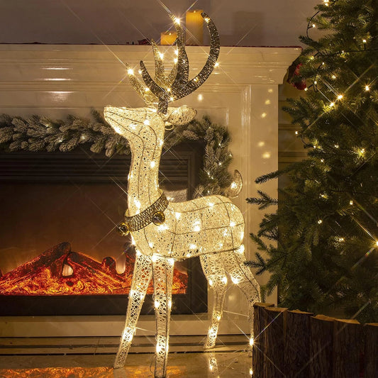 Kerstrendier, verlicht kersthert, met ledverlichting, wit en goudkleurig metaal, ijzeren kader, warmwit, Kerstmis, decoratie, voor binnen en buiten