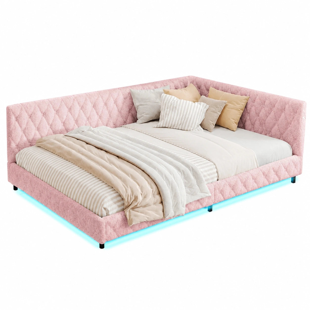Modernes Polsterbett 140x200 cm mit LED, USB und Lattenrost, Jugend- und Gästebett in Rosa