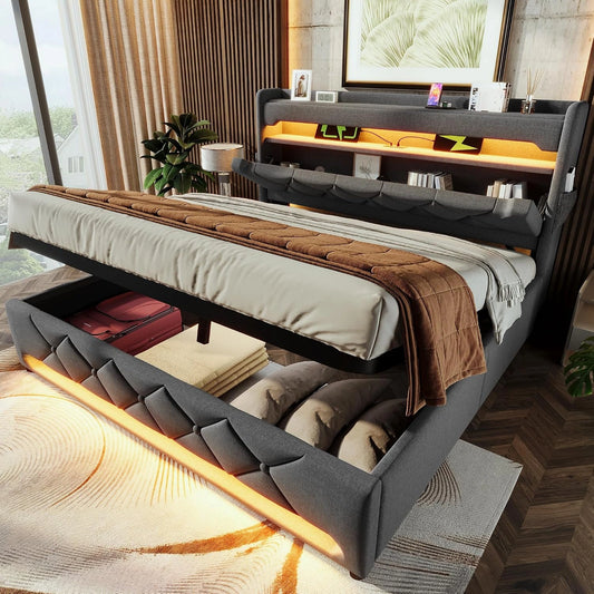 Gestoffeerd bed 180x200 tweepersoonsbed, hoofdeinde met USB- en type C-poorten, ledverlichting aan het hoofd- en voeteneinde van het bed